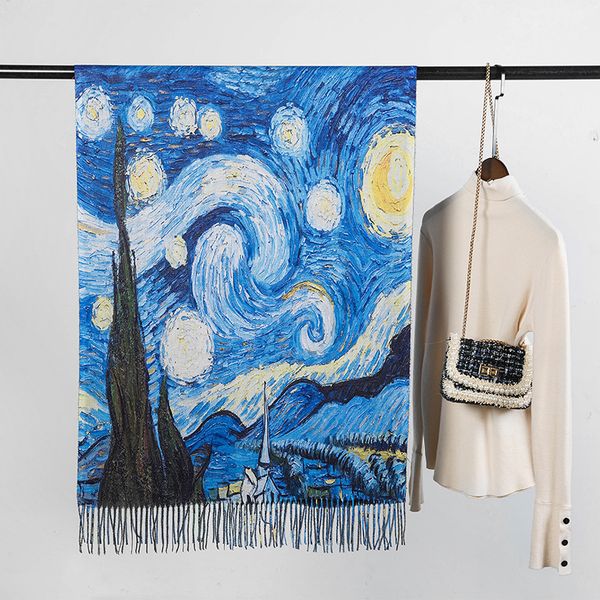 

gogh oil painting shawl women winter new 2 sides cashmere scarf shawl starry sky ladies blanket scarf, Blue;gray