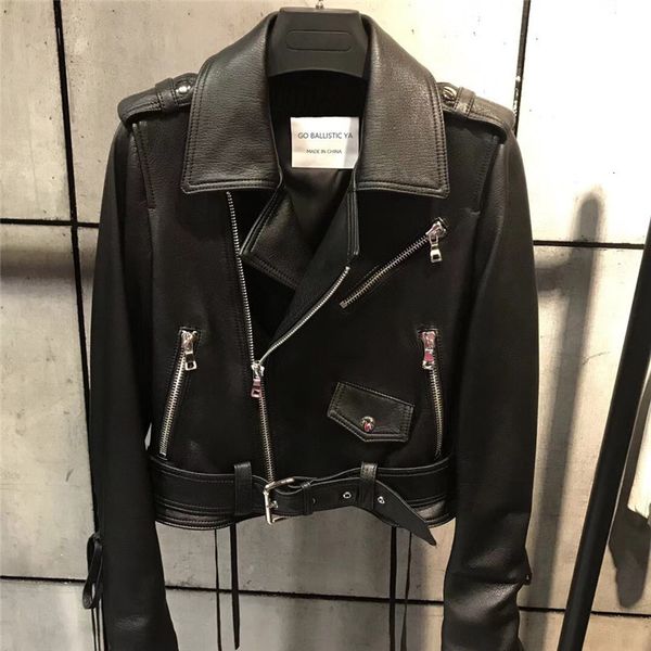 

leather women genuine jacket fashion lady real sheep leather jacket, Black