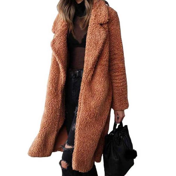 

2020 women lamb velvet long trench coats cardigan plush lapel windbreakers plus velvet thickening coat artificial lapel fur, Black
