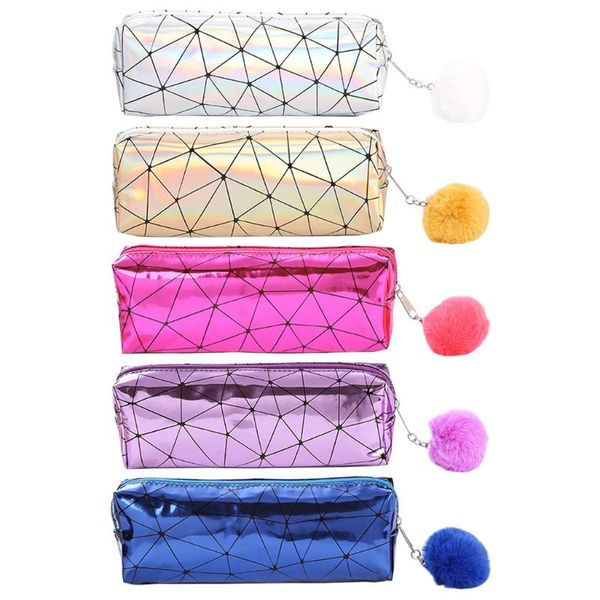 

pencil bags holographic iridescent laser case for girls cute box hairball bag school supplies stationery 19qa