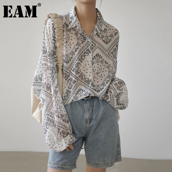 

eam] women white pattern printed big size blouse new lapel long sleeve loose fit shirt fashion tide spring autumn 2020 1da623