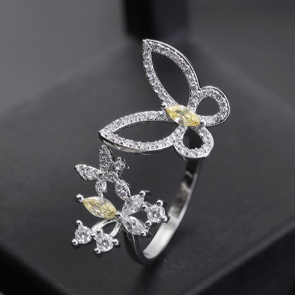 

cluster rings butterfly flower open for women crystal vintage 925 sterling silver zircon gift birthday party jewelry, Golden;silver