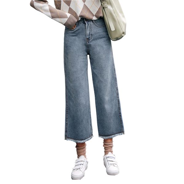 

women's jeans 2021 streetwear denim blue button loose wide leg women high waist tassel vintage female pants d432