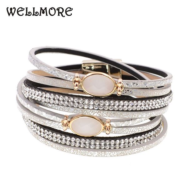 

wellmore new stlye glass leather bracelet wrap bracelets for women trendy bohemian bracelets wholesale b17110502, Golden;silver