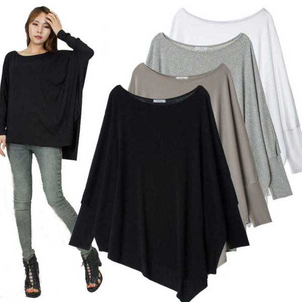 

foreign trade new style loose bat sleeve plus size women's solid color t-shirt, White