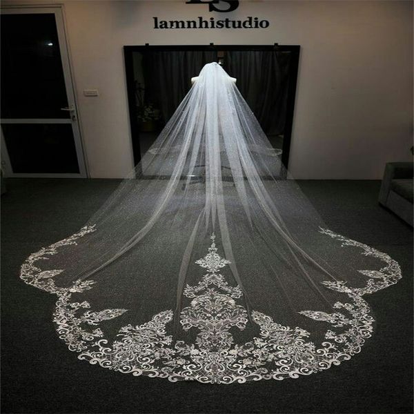 

selling luxury real image wedding veils three meters long veils lace applique crystals one layers cathedral length brid256b, Black