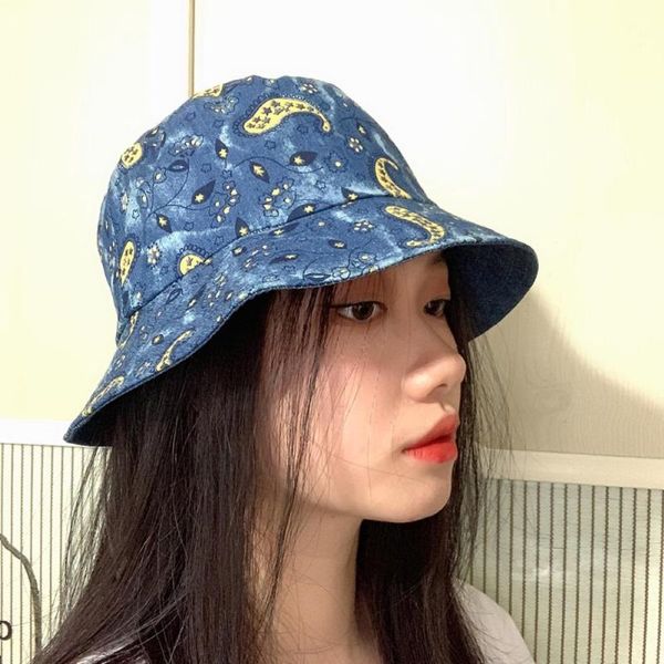 

fashion women paisley print double sided reversible outdoor sun hat bucket cap cool sunproof lightweight fisherman headwear, Blue;gray