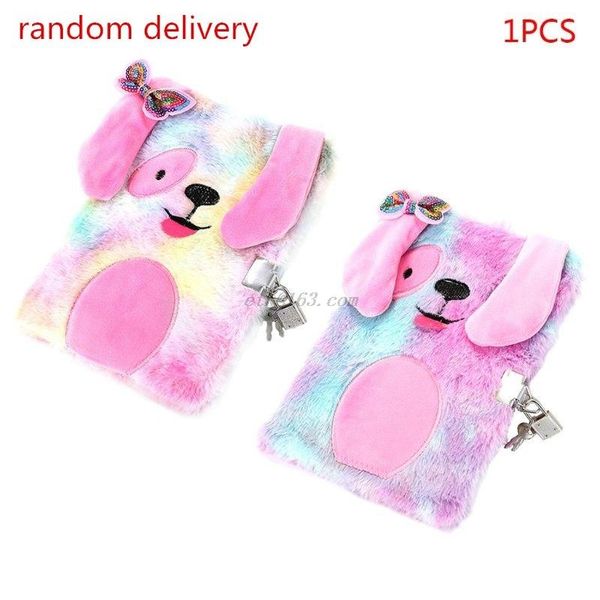 

cute plush dog a5 notebook with lock diary planner notepad organizer kawaii stationery school supplies, Purple;pink