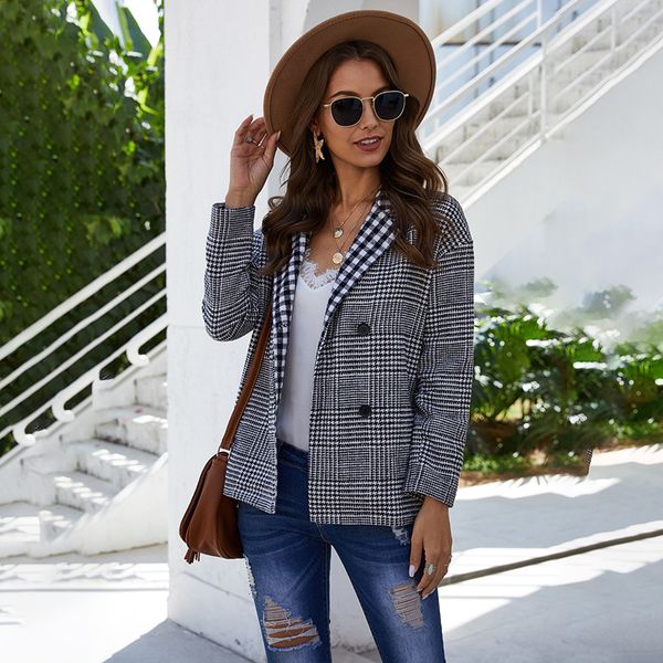 

women's jackets stylish autumn plaid coat women double breasted female work office lady suit slim business, Black;brown