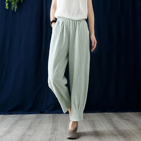 

women's pants & capris johnature 2021 summer solid color cotton linen elastic waist harem loose leisure all-match women ankle-length, Black;white