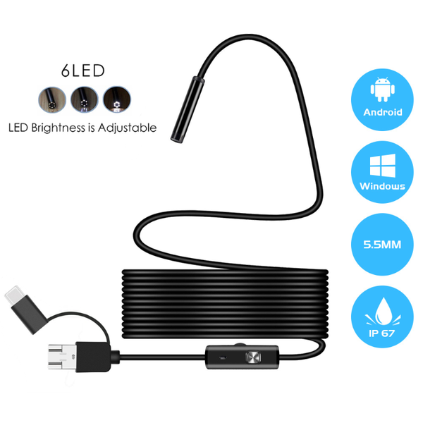

mini cameras 5.5mm ip67 waterproof hard cable industrial type-c android usb 3 in 1 otg inspection borescope with led light