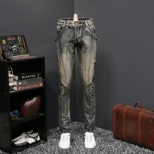 

men's jeans vintage washed denim pants motorcycle trousers pencil j45, Blue