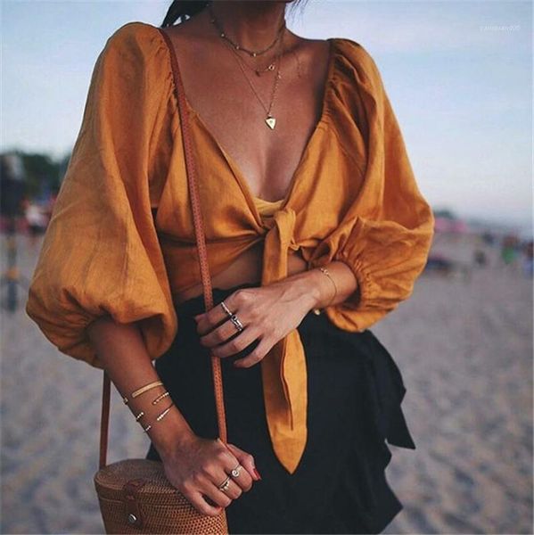 

половина фонарь sleeved dark v шеи tshirts мода женщин тройники sexy короткие женщин дизайнер tshirts solid color праздник шнуровкой, White