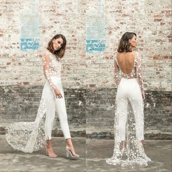 Sexy Backless mulheres brancas Jumpsuits Dresses Prom Illusion Top apliques Floral Lace Chic Praia nupcial partido do cliente Vestidos Train vestido de noite