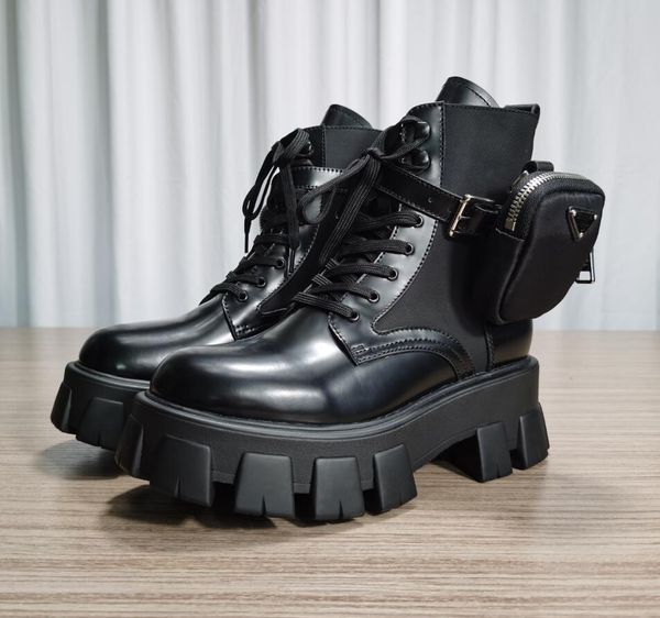 

new motorcycle women boots lace up thick-soled winter boots pocket decor black shiny leather woman botas de mujer leather