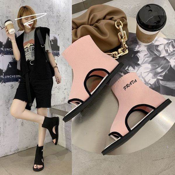 

crystal open toe sandals women's 2020 new fashion hollow-out split toe sandal boots flat roman elastic boots shoes, Black