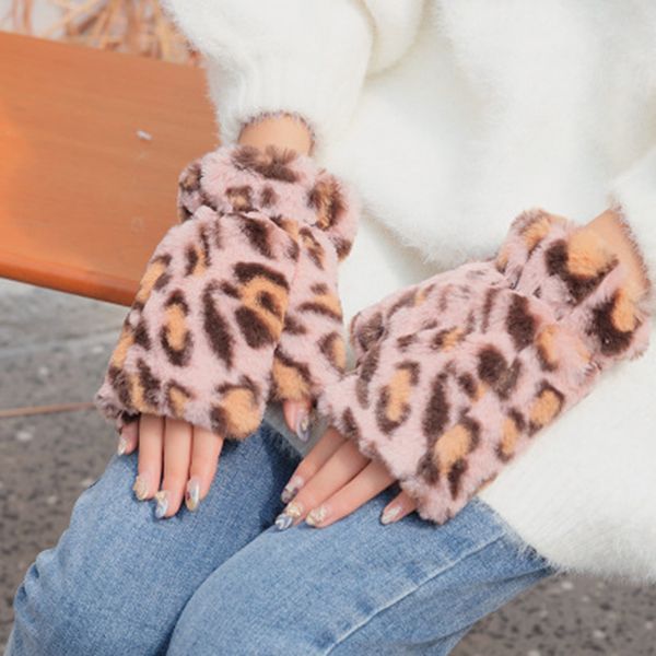 

five fingers gloves half finger female winter warm touch screen mittens women faux rabit fur thicken leopard cycling driving e68, Blue;gray