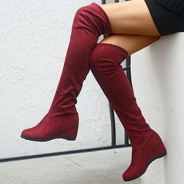 

platform wedge women's autumn thigh boots winter plush over the knee boots female stretch high heel 35-43, Black