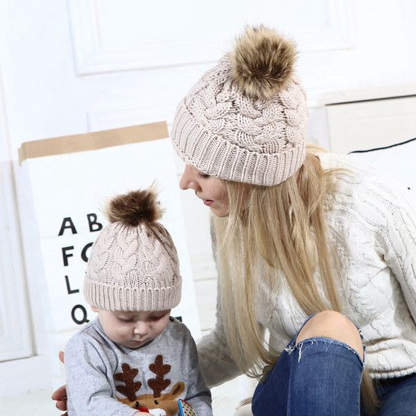 

caps with pompon warm raccoon fur bobble mommy beanie caps kids cotton knitted mom baby hat winter, Blue;gray