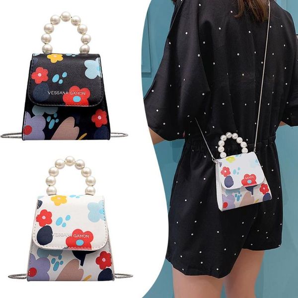 

new pu leather flower print shoulder small messenger handbags women sweet pearl chain flap crossbody bags black white