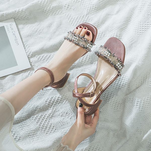 

dress shoes 2021 summer fashion woman sandals pearl flower decorationthick heel beach party, Black