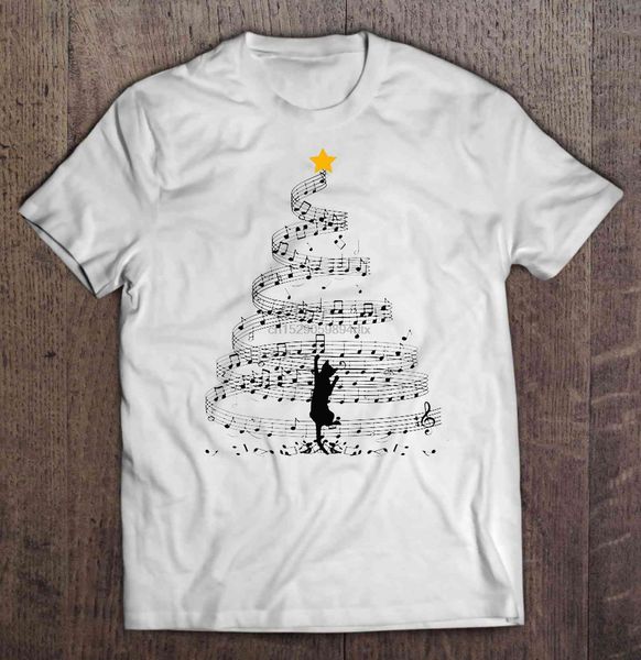 

men funny t shirt fashion tshirt black cat climbing music note christmas tree women t-shirt