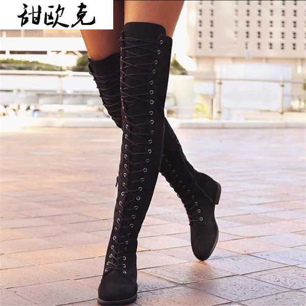 

2020 зимние женские сапоги мода sexy lace up over knee сапоги женщина замша длинные zipper теплый короткие плюшевые botas mujer, Black