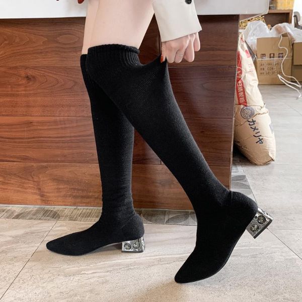 

women's pointed shoes square heeled elastic boots fashion over-the-knee boots botas mujer invierno 2020 elegante corta#3, Black