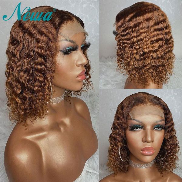

lace wigs curly front human hair 13x6 brazilian pre plucked bleached knots remy short bob for women a, Black;brown
