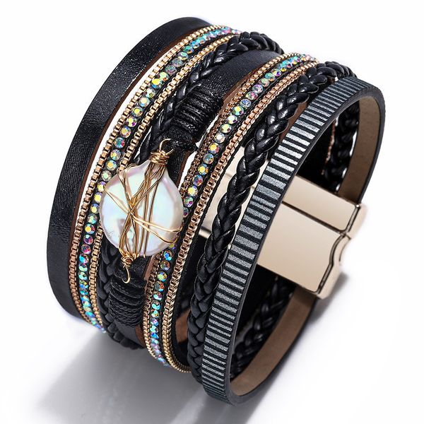 

tennis genuine leather bracelets for women 2021 bohemian boho crystal metal charm multilayer wide wrap bracelet female jewelry, Golden;silver