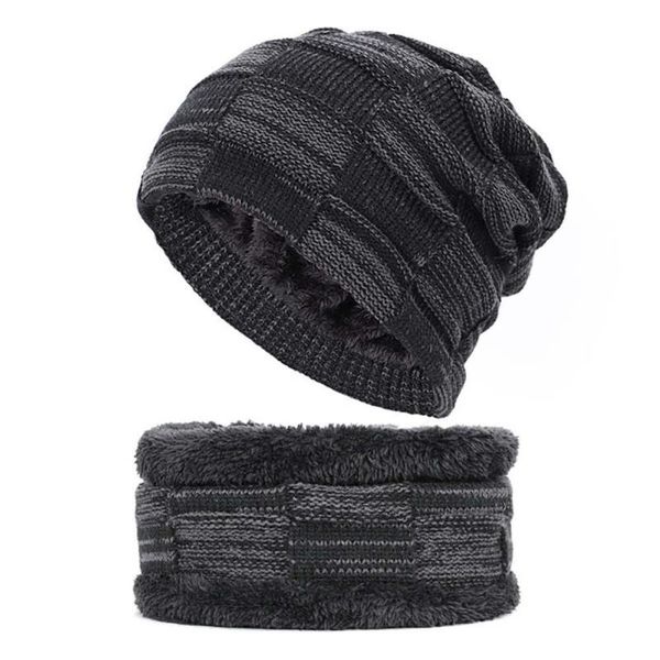 

2 pieces thermal knitted hat circle scarf set outdoor winter hiking cycling, Black