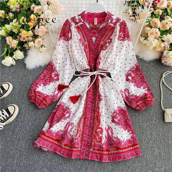 

elegant dress temperament retro court printed fashion bubble sleeve vintage vestidos v-neck hit color collect waist dress, Black;gray
