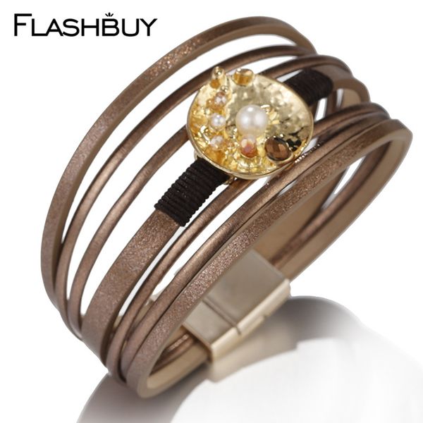 

flashbuy fashion metal charm pearl multilayer leather bracelets for women round alloy crystal wrap bracelets boho female bangles, Golden;silver