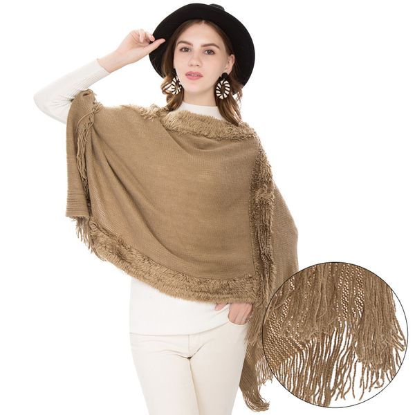 

lady's plush collar scarf in winter solid thickening poncho autumn women's red black tassels warm shawl, Blue;gray