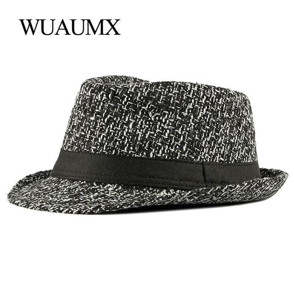 

wuaumx brand new autumn winter fedoras hat for male knitted jazz hats men women retro panama hat classic bowler caps cotton, Blue;gray
