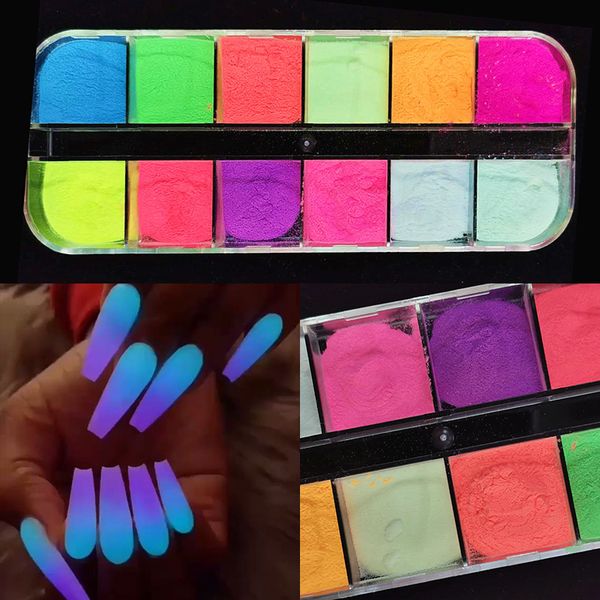 

nail glitter 12 grids/pc art luminous bule pink series powder polish flakes fluorenscence glitters diy decorations, Silver;gold