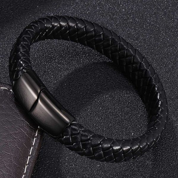 

men fashion jewelry black braided leather bracelet stainless steel magnetic clasp weave bangles gifts pulsera hombre, Golden;silver