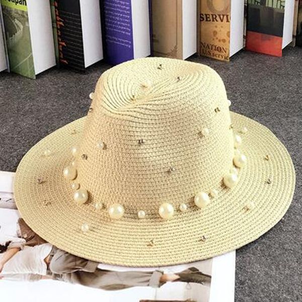 

wide brim hats spring summer straw for women pearl jazz panama hat sun protection beach flower rivet, Blue;gray