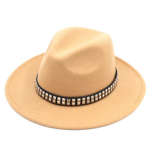 

mistdawn wool blend panama hat wide brim fedora trilby caps party jazz cap punk rivets leather belt band size 56-58cm, Blue;gray