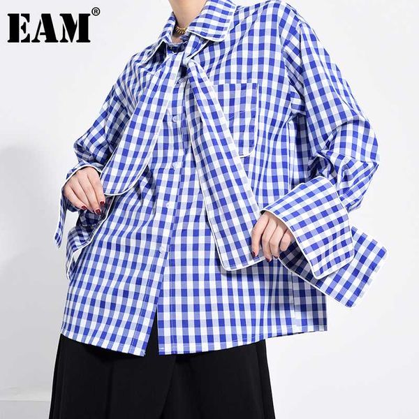 

eam] women blue plaid stitch big size blouse new lapel long sleeve loose fit shirt fashion tide spring autumn 2020 1x78205, White