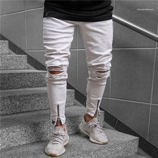 

ripped jeans fashion summer zipper casual pencil pants skinny mid waist jeans mens apparel mens white, Blue