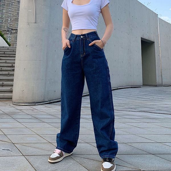 

dirtylily woman casual straight jeans high waisted 2020 summer streetwear baggy loose wide leg pants vintage fashion trousers, Blue
