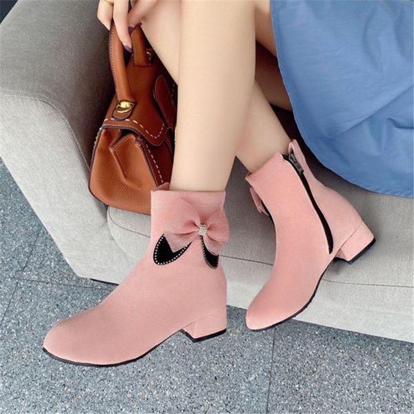 

pxelena lolita sweet girls ankle boots faux suede bow knot mid heels school shoes 2020 winter women short boots plus size 34-45, Black