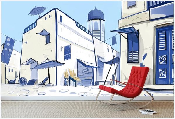

custom mural p wallpaper 3d european-style hand-painted landscape blue building city street view shop room wallpaper for walls 3 d