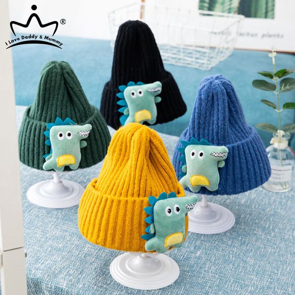 

autumn winter knitting warm baby hat cartoon plush dinosaur child boys girls beanie solid color toddler kids cap christmas gifts, Yellow