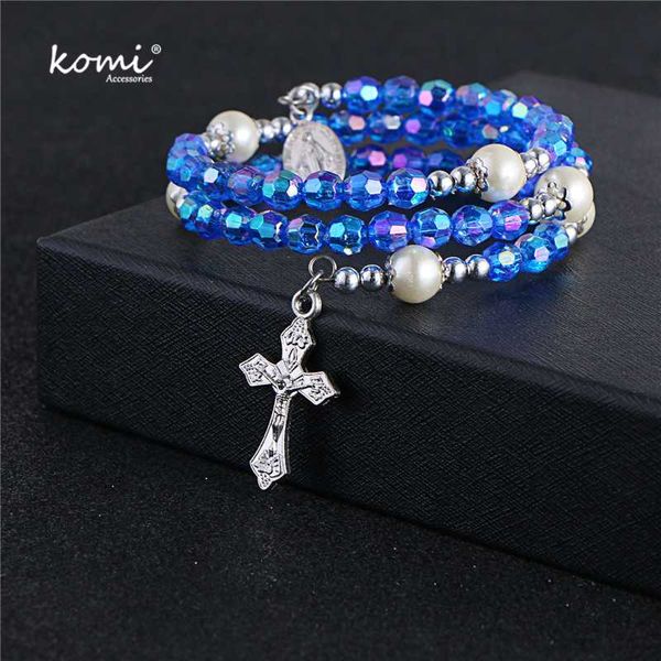

komi fashion hangmade bead imitate pearl cross adjustable bracelet blue color religion madonna bangle jewelry gift r-101, Golden;silver