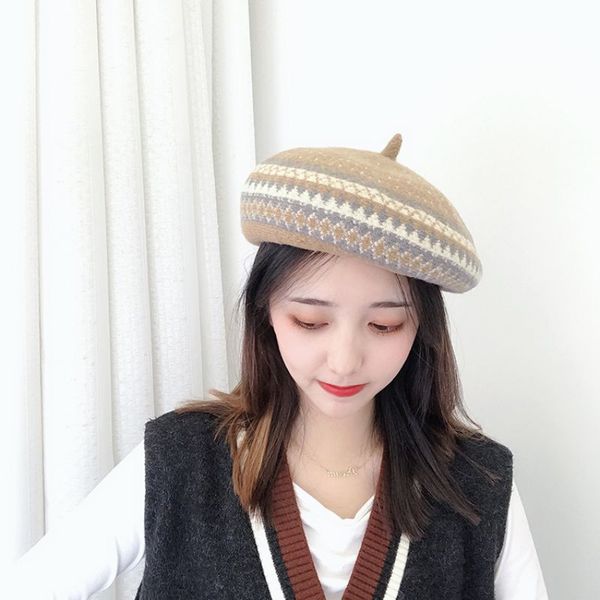 

autumn winter retro geometric pattern woolen hat thick warm beret pumpkin beanies hat, Blue;gray