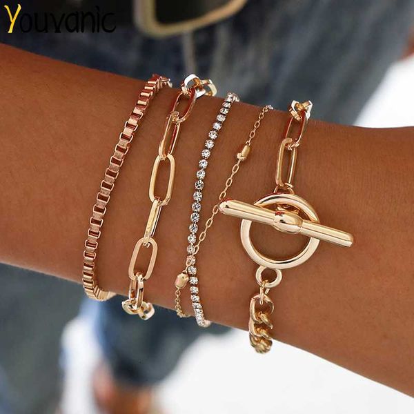 

charm bracelets youvanic punk gold crystal multilayer bracelet bangle for women big geometric wrist chain link hiphop fashion jewelry 0478, Golden;silver