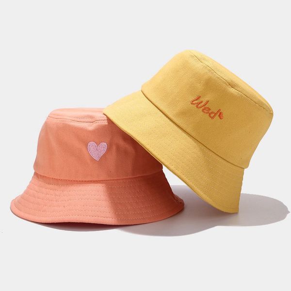 

cloches 2021 student week embroidery bucket hat women men cotton cap girls both sides love heart bob sun female sunday panama
