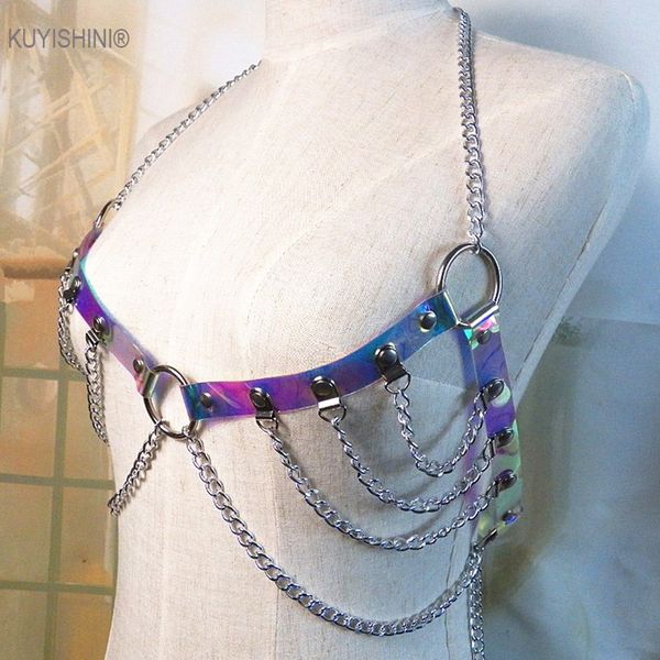 

women punk 100% handcrafted cool vinyl caged bra harness waistband with metal chain tassel waist cincher heavy duty belts, Black;brown